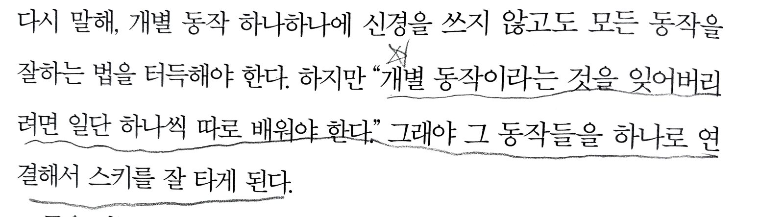 개별 동작을 잊어버리려면 일단 하나씩 따로 배워야 한다는 스키 비유가 실린 페이지